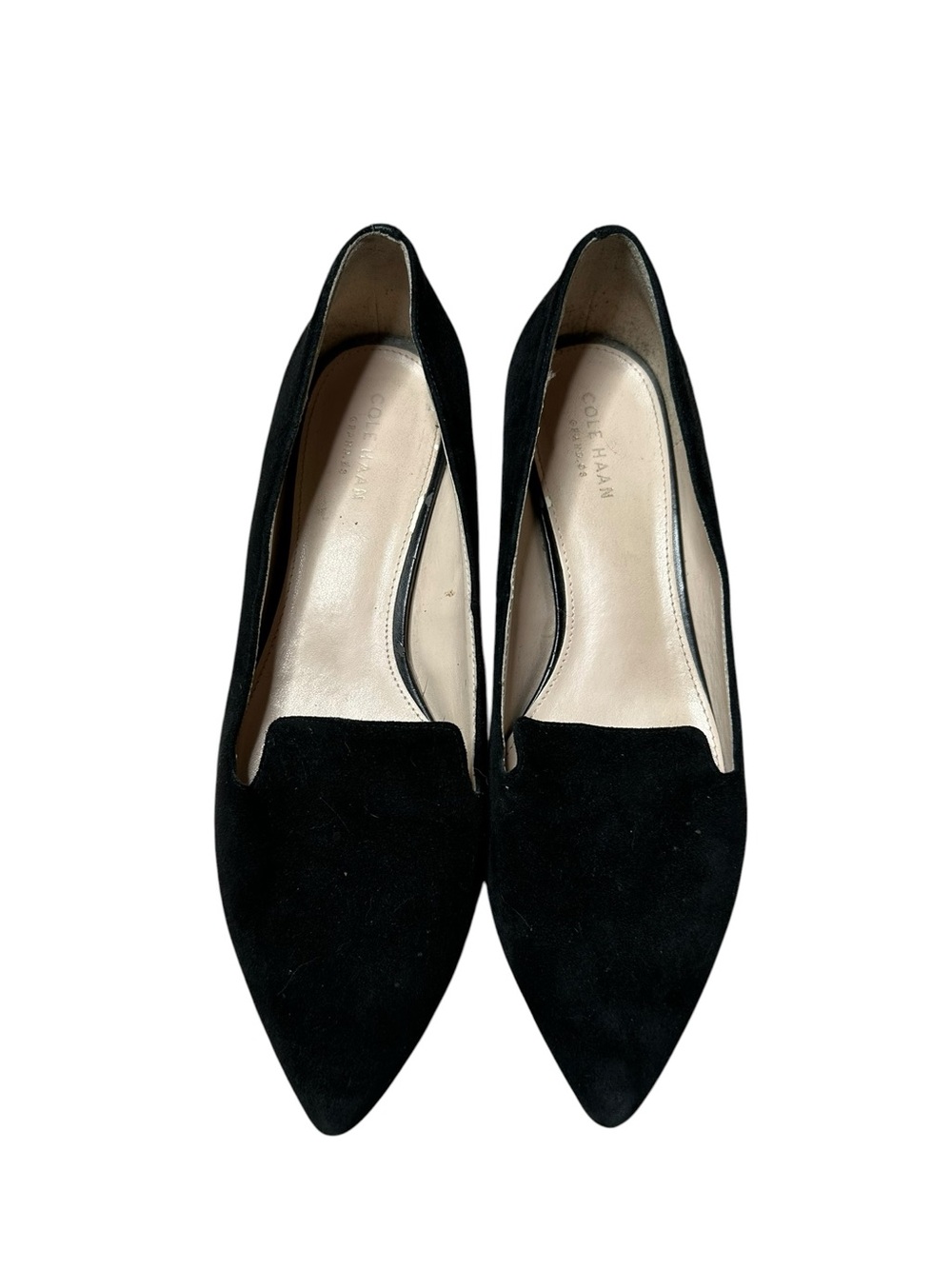 Cole Haan Grand.OS Black Suede Pointed Toe Block Heel Loafer Flats 7B